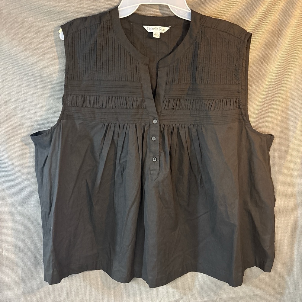 Ophelia Roe women’s black sleeveless pleated baby doll style top size 2X